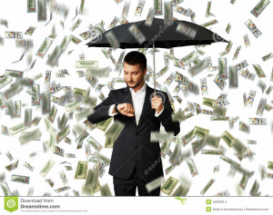 man-under-money-rain-looking-watch-serious-businessman-black-umbrella-standing-42309314